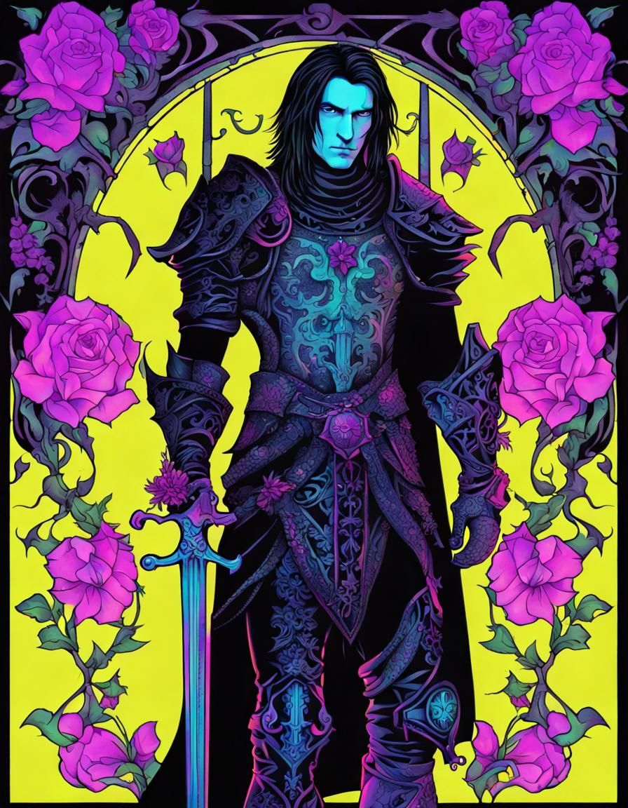 Gothic Knight with Tattoos in Blacklight Poster Style