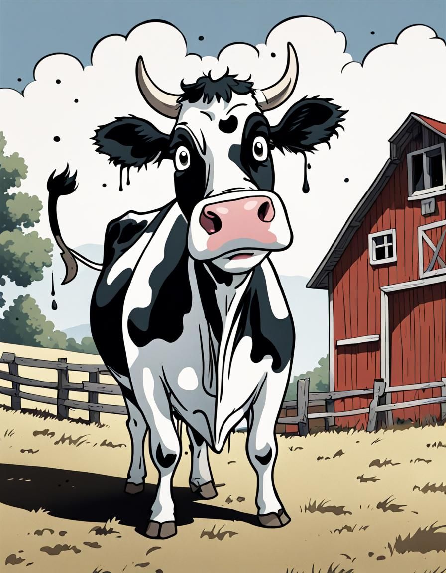 Retro Cartoon Cow with Ink Splotches