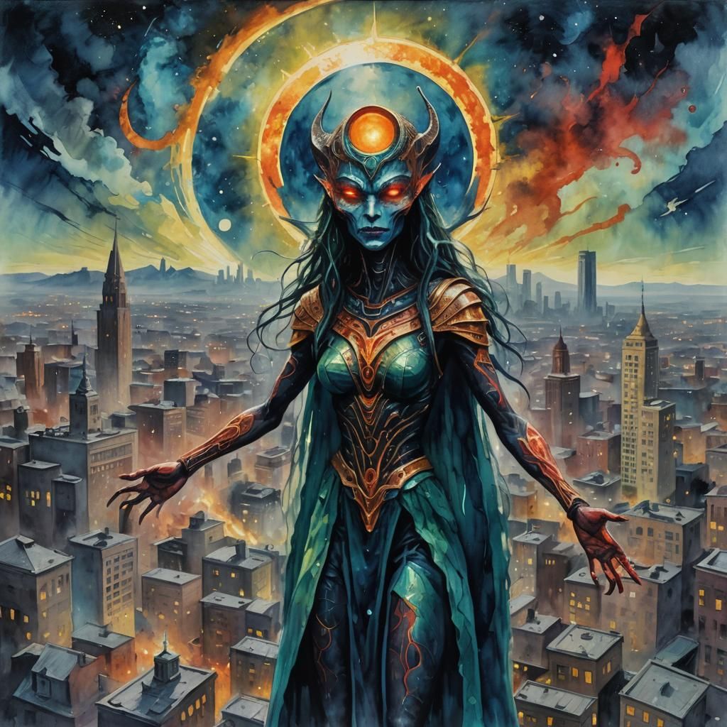 Extraterrestrial Eclipse Goddess in Gouache Style