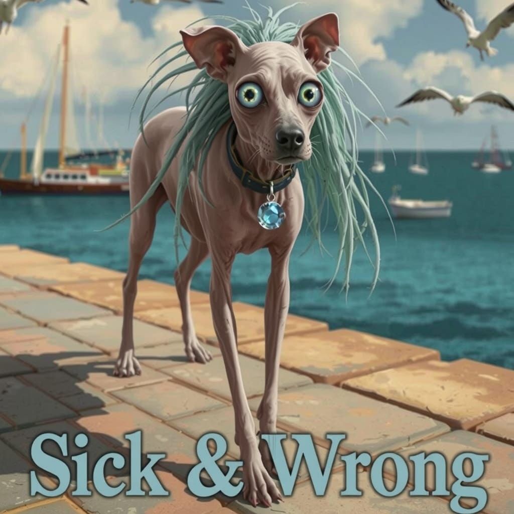 In a dramatic, high-contrast scene inspired by the styles of Ash Thorp, Simon Stalenhag, and Ian McQue, an ugly, skinny,...