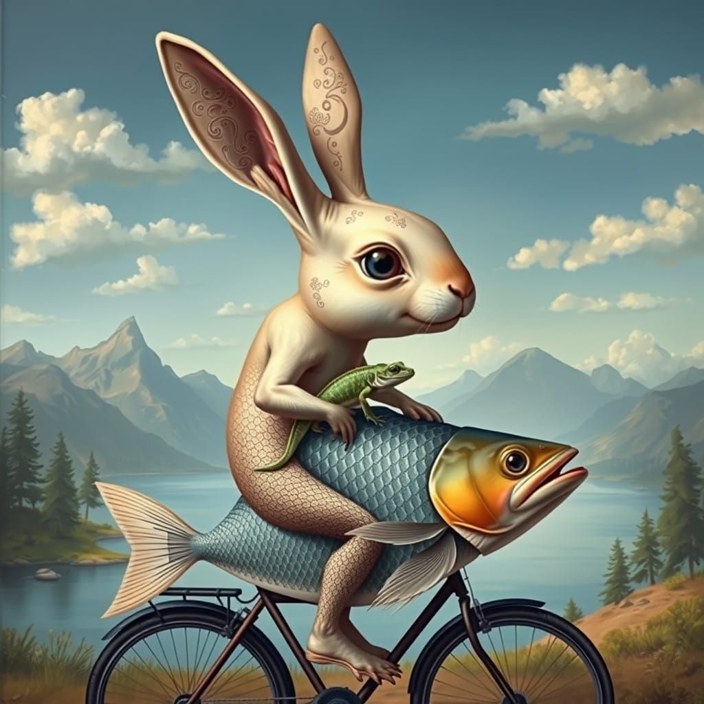 Surreal Rabbit Fish Hybrid Rides Bike in Serene Landscape