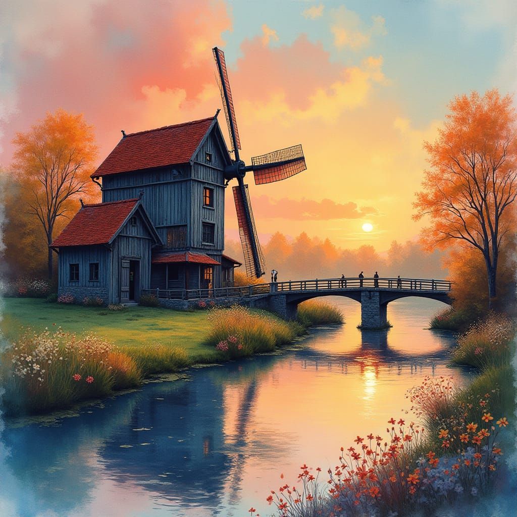 Surreal Watercolour Water Wheel Mill in Sunset Hues