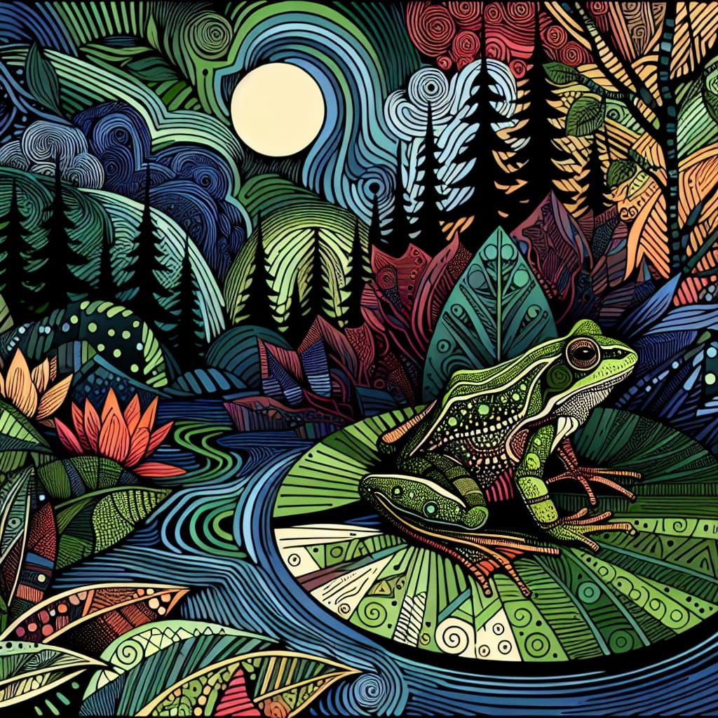 Frog on Lily Pad: Linocut Print in Forest
