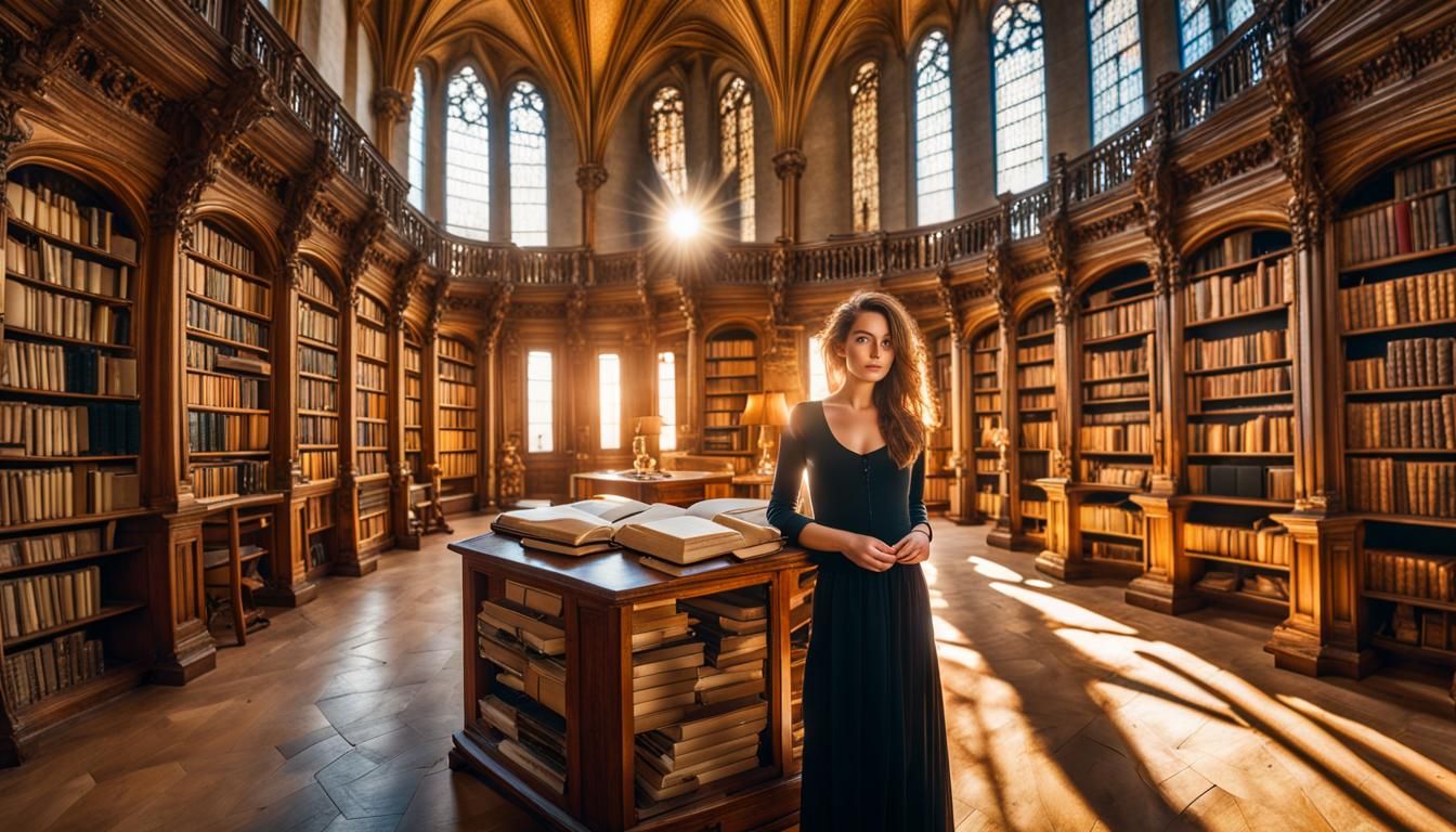 Young Woman in Medieval Library, Avedon Style
