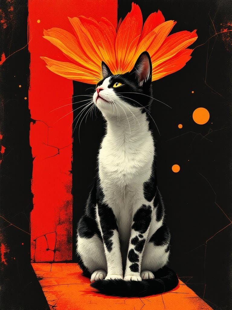 Cat Under Flower in Russian Futurism Xerox Art Style