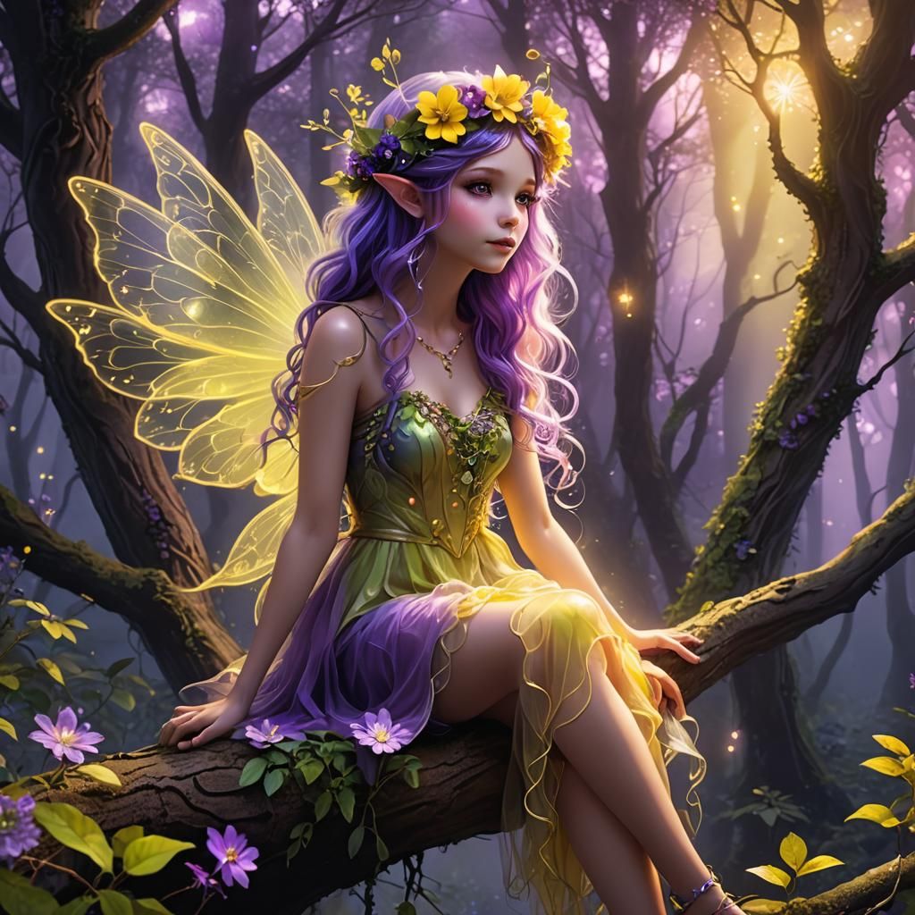 Neon Fairy in Enchanted Forest: Digital Illustration