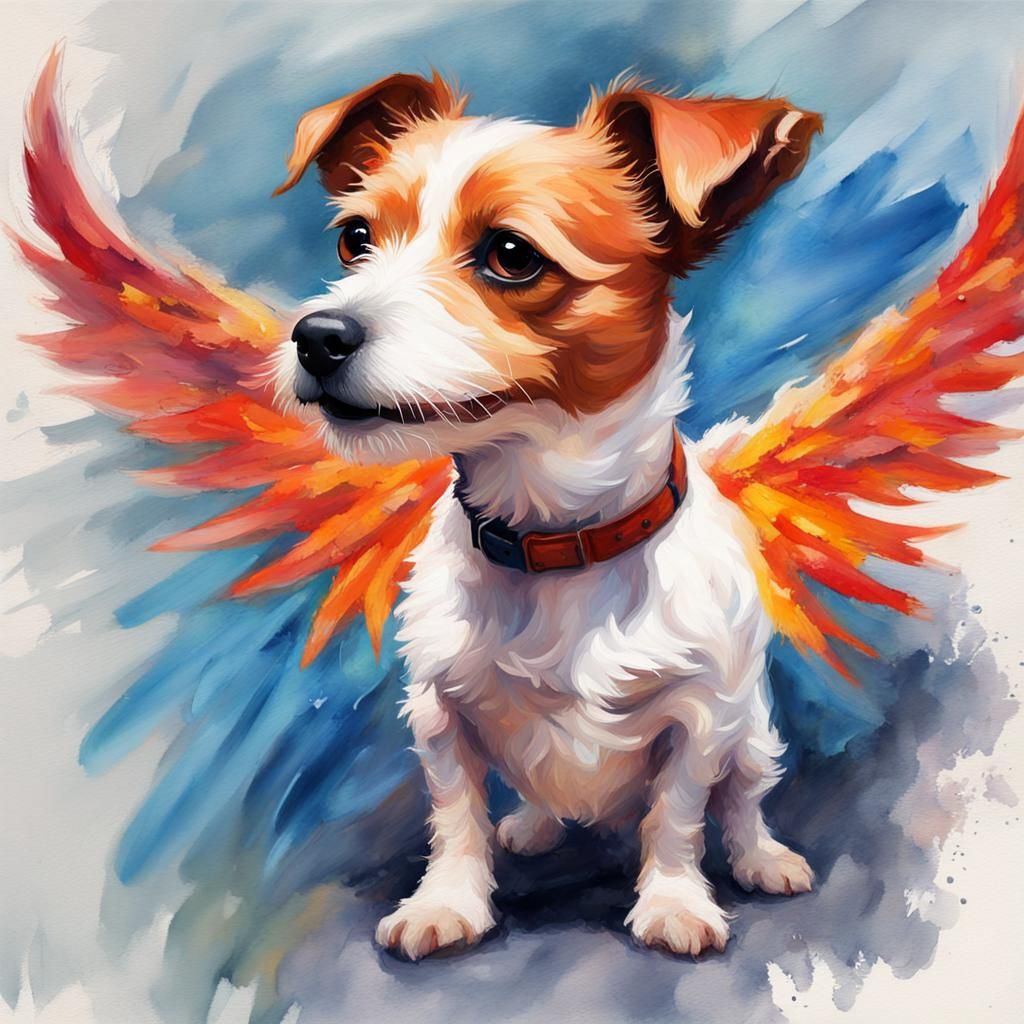 A jack russell terrier with chibi fire wings