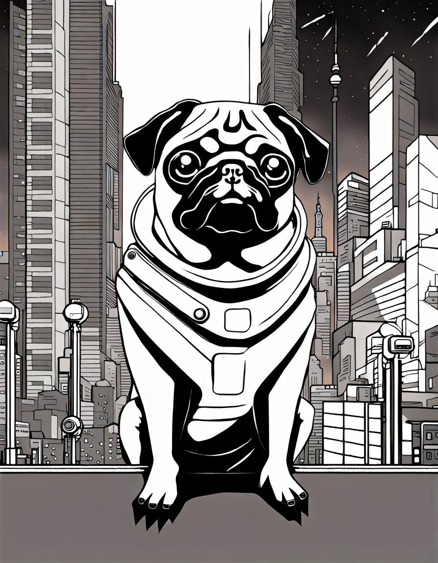 Pug in Line Art with Cyberpunk Cityscape