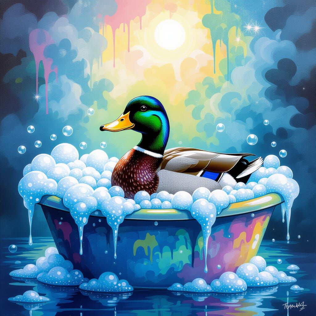 A duck sitting in a bubble bath filled with will bubbles graffiti art, splash art, street art, spray paint, oil gouache ...