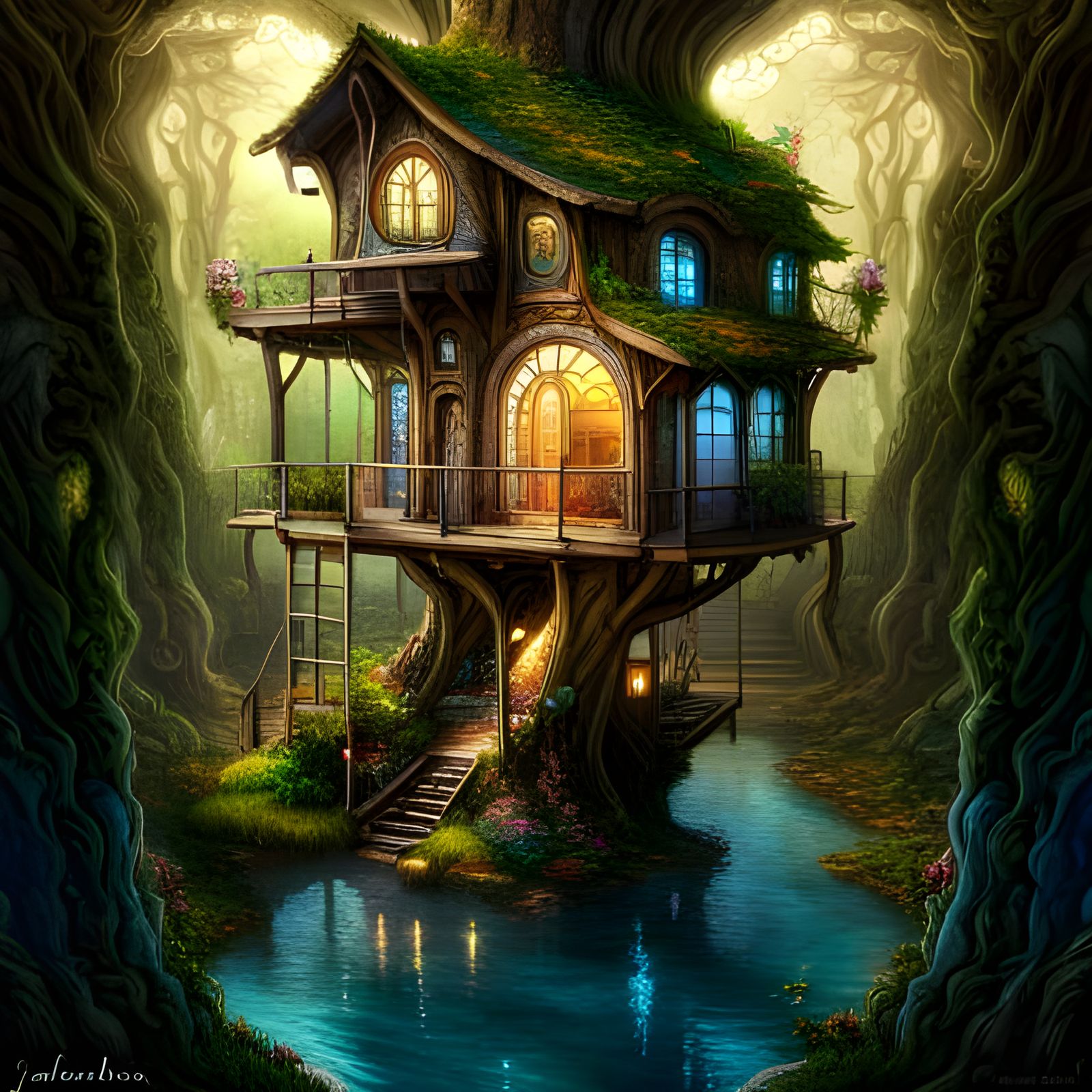 Fantasy Treehouse Mirrored in Water: Elegant Concept Art