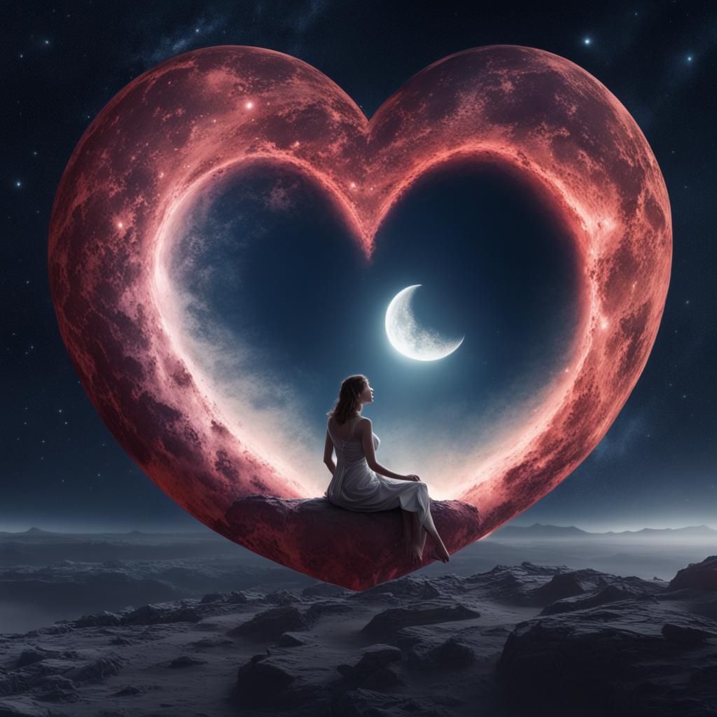 Woman on Heart Moon in Galaxy: Fantasy Concept Art