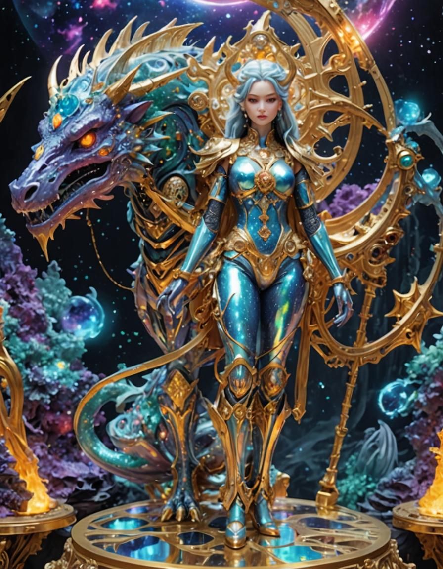 Dragon Girl Chimera with Robot Skeleton in Space