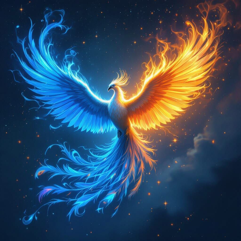Fiery Phoenix Soaring Through Nebula Night Sky