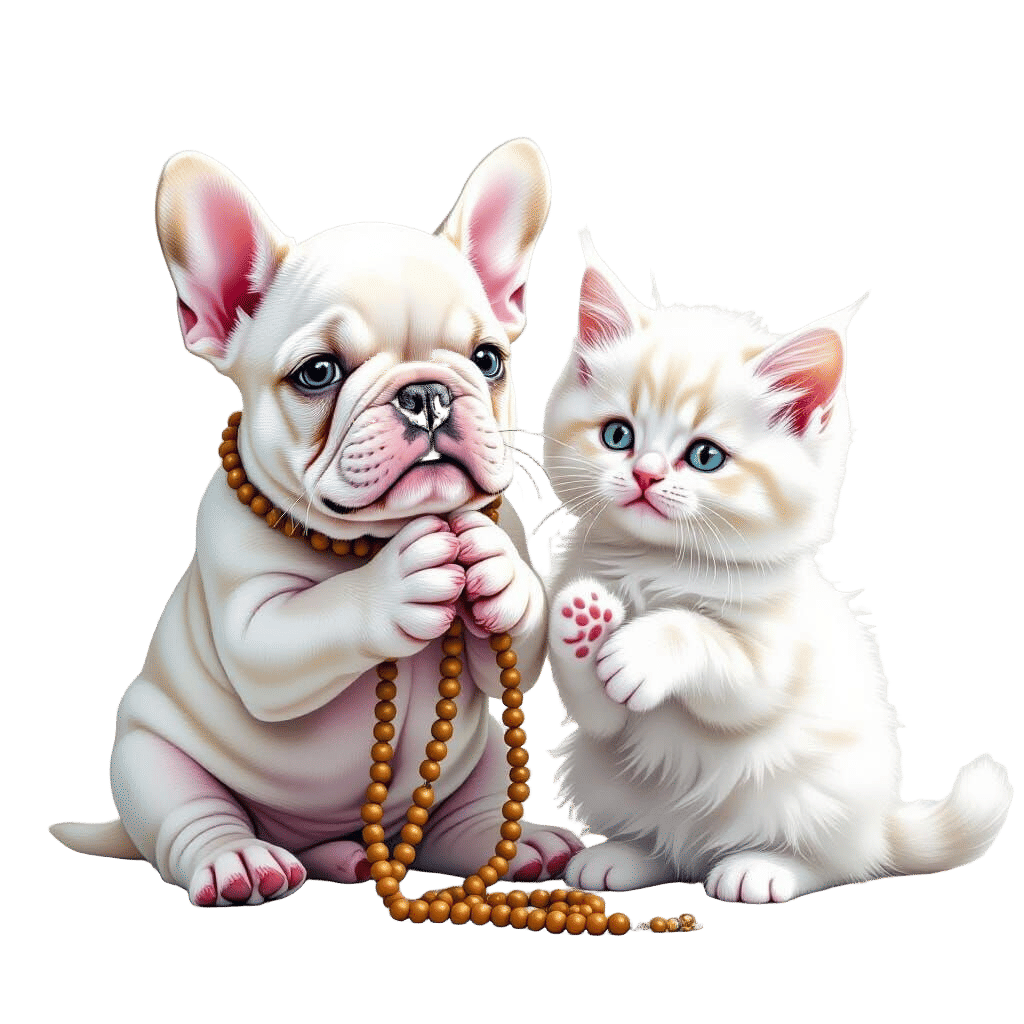 Whimsical Puppy and Kitten Saying Prayers