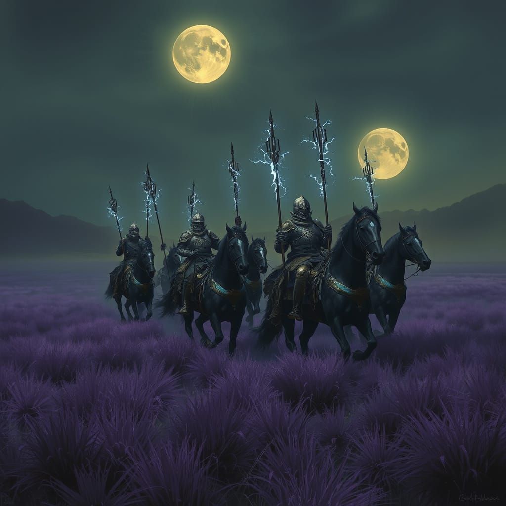 Armored Horsemen Ride Under Twin Moons