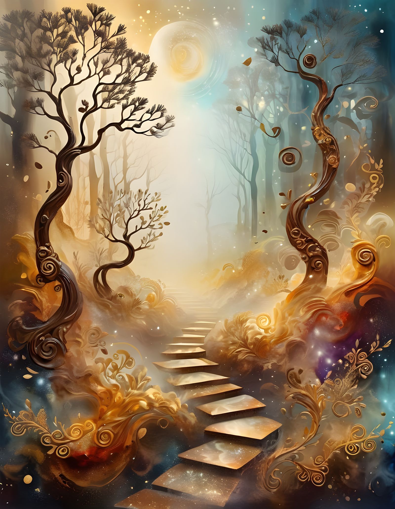 Misty Forest Path in Impasto Style