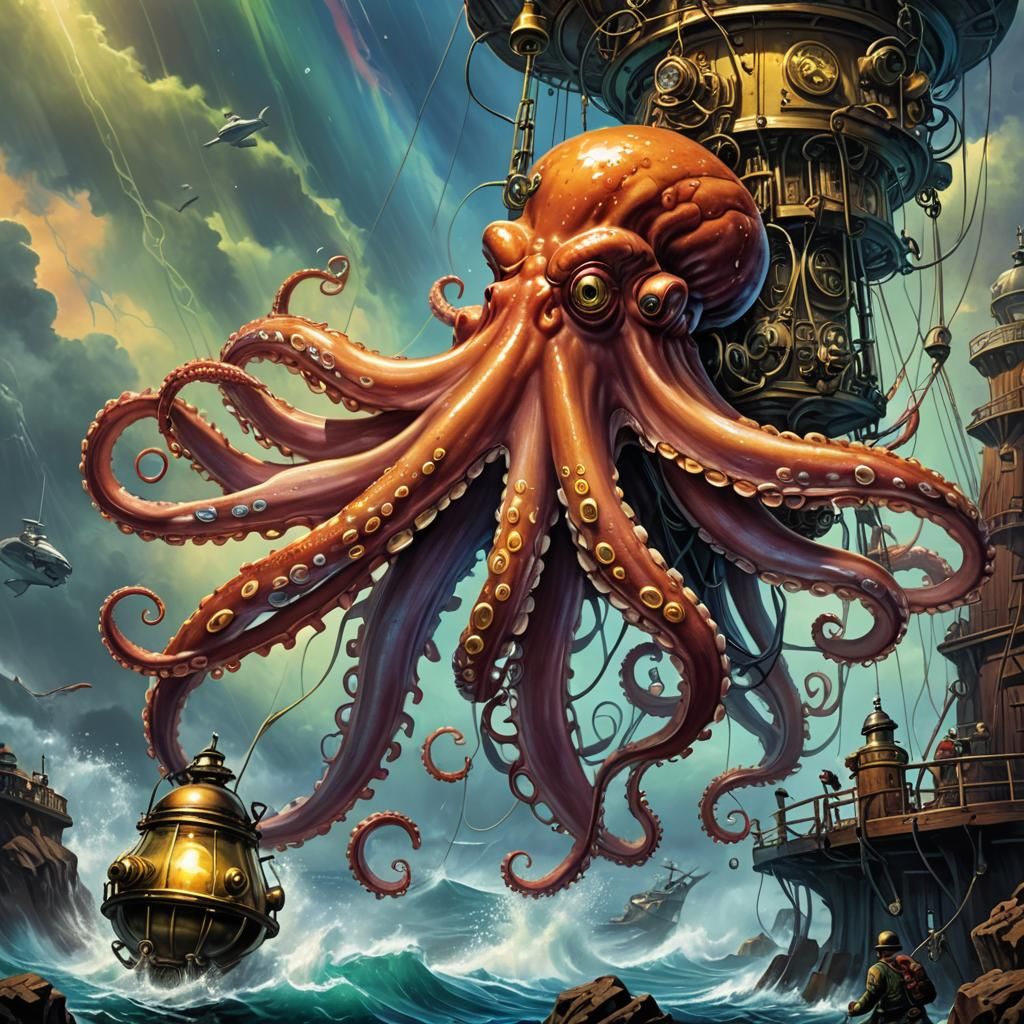 Bioluminescent Octopus Attacks Diving Bell: Comic Book Art