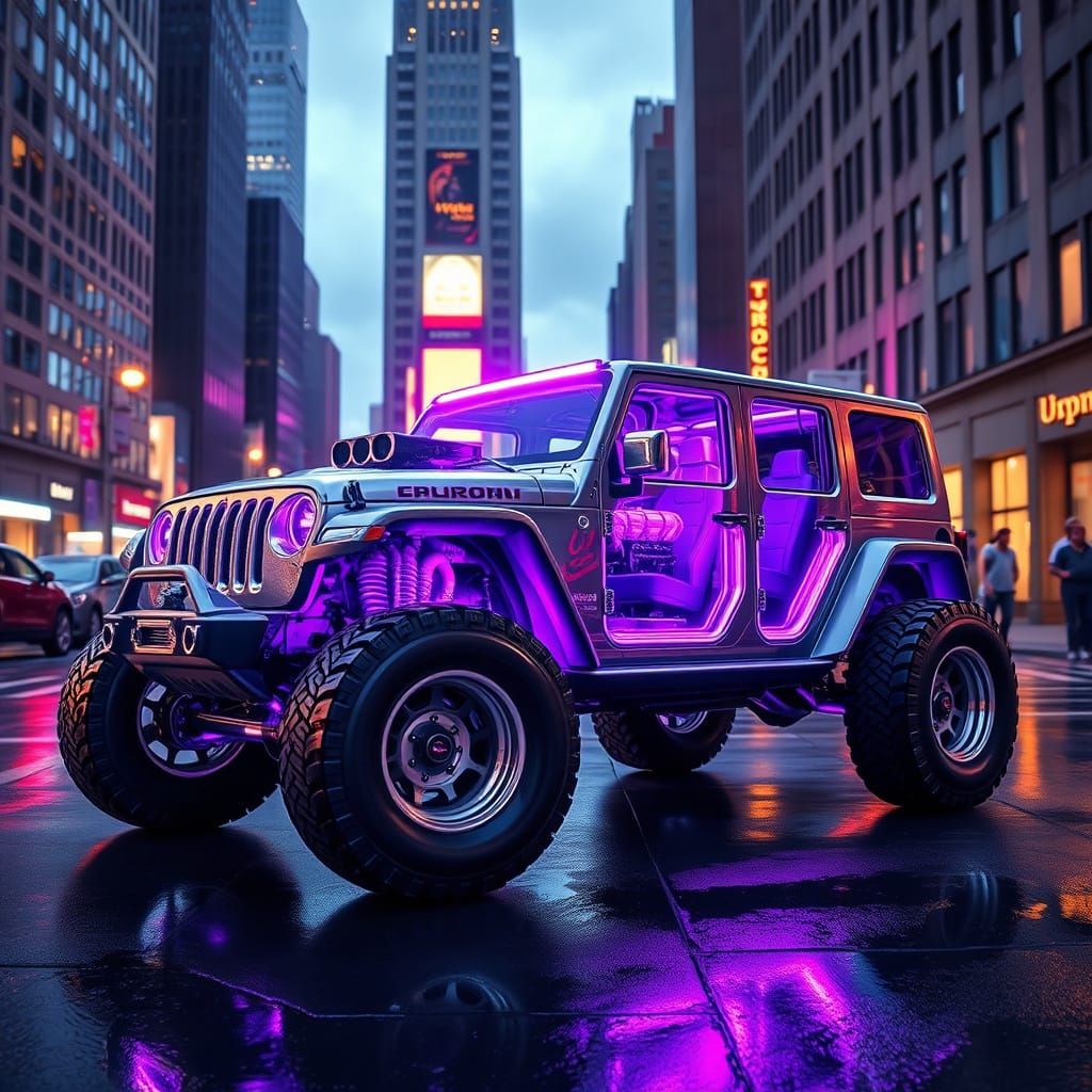 Cyberpunk V12 Engine Jeep Rubicon with Transparent Body