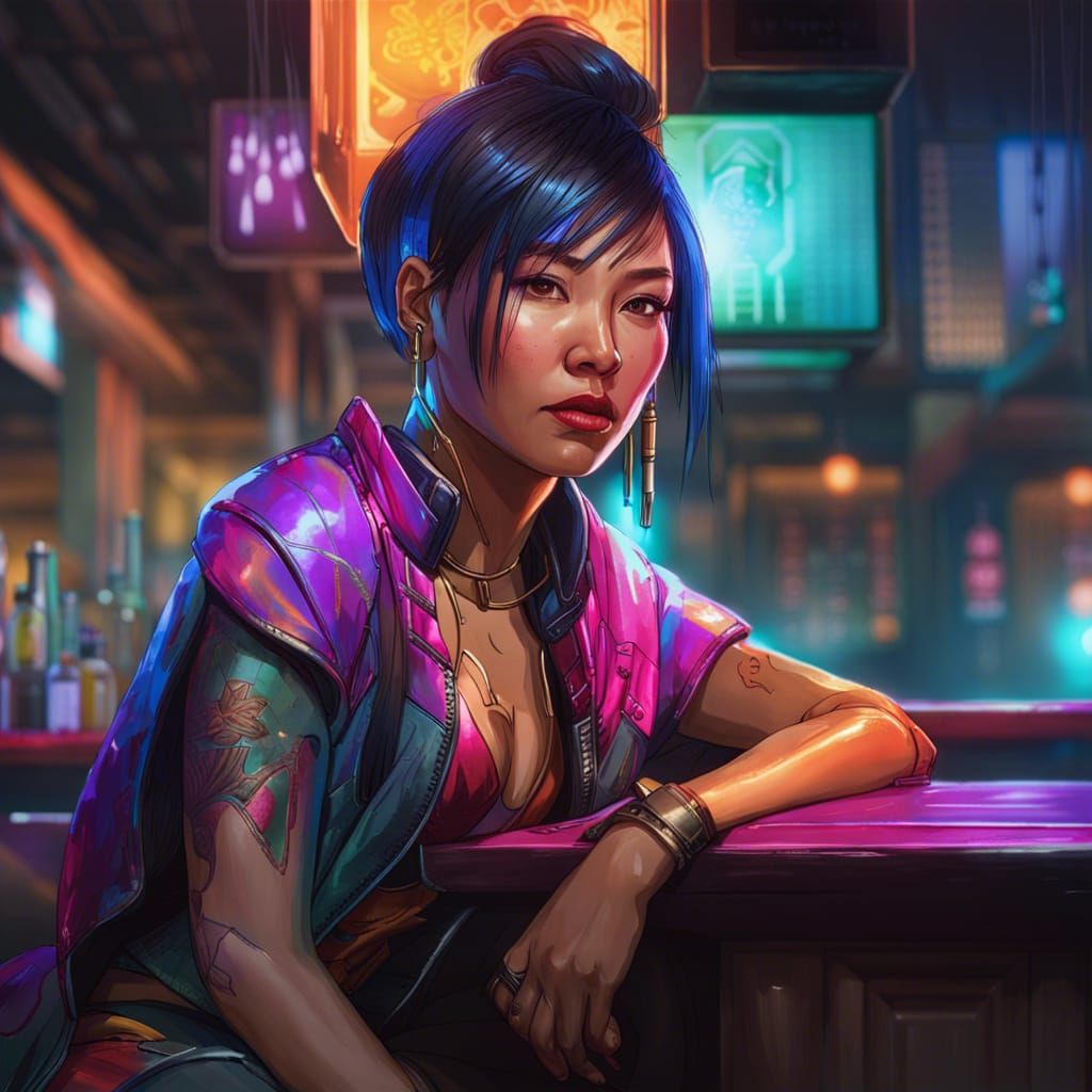 Cyberpunk Asian Woman Portrait in Colorful Lighting