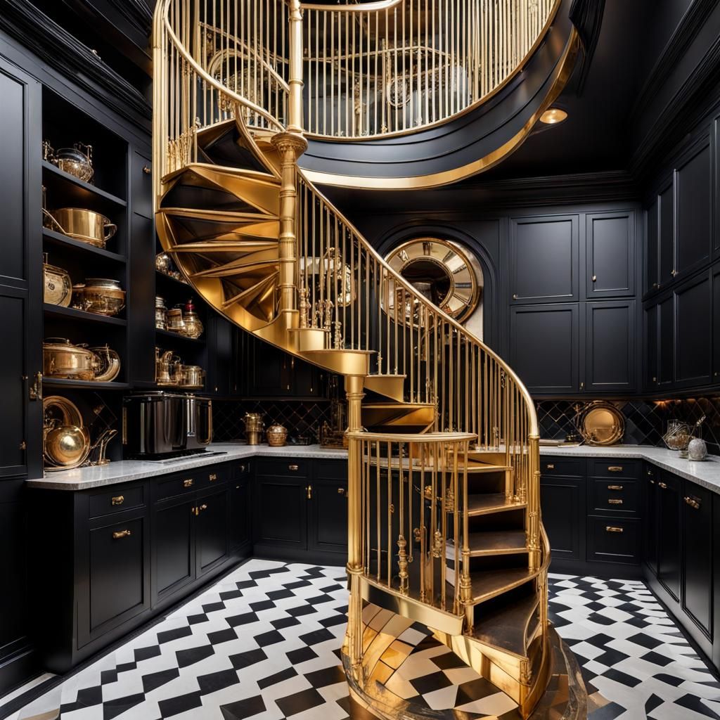 Steampunk Kitchen with Golden Spiral Staircase