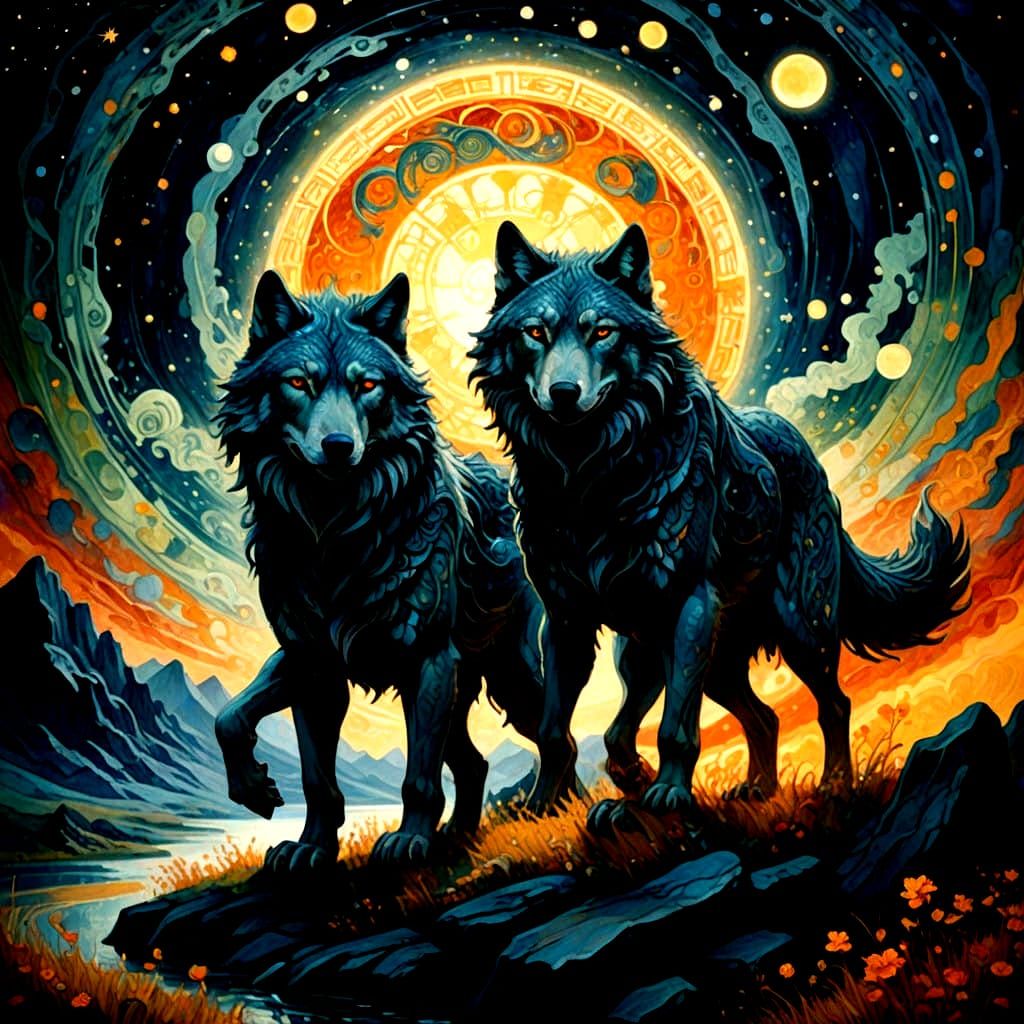 Norse Wolves Chase Celestial Prey in Cyberpunk Style