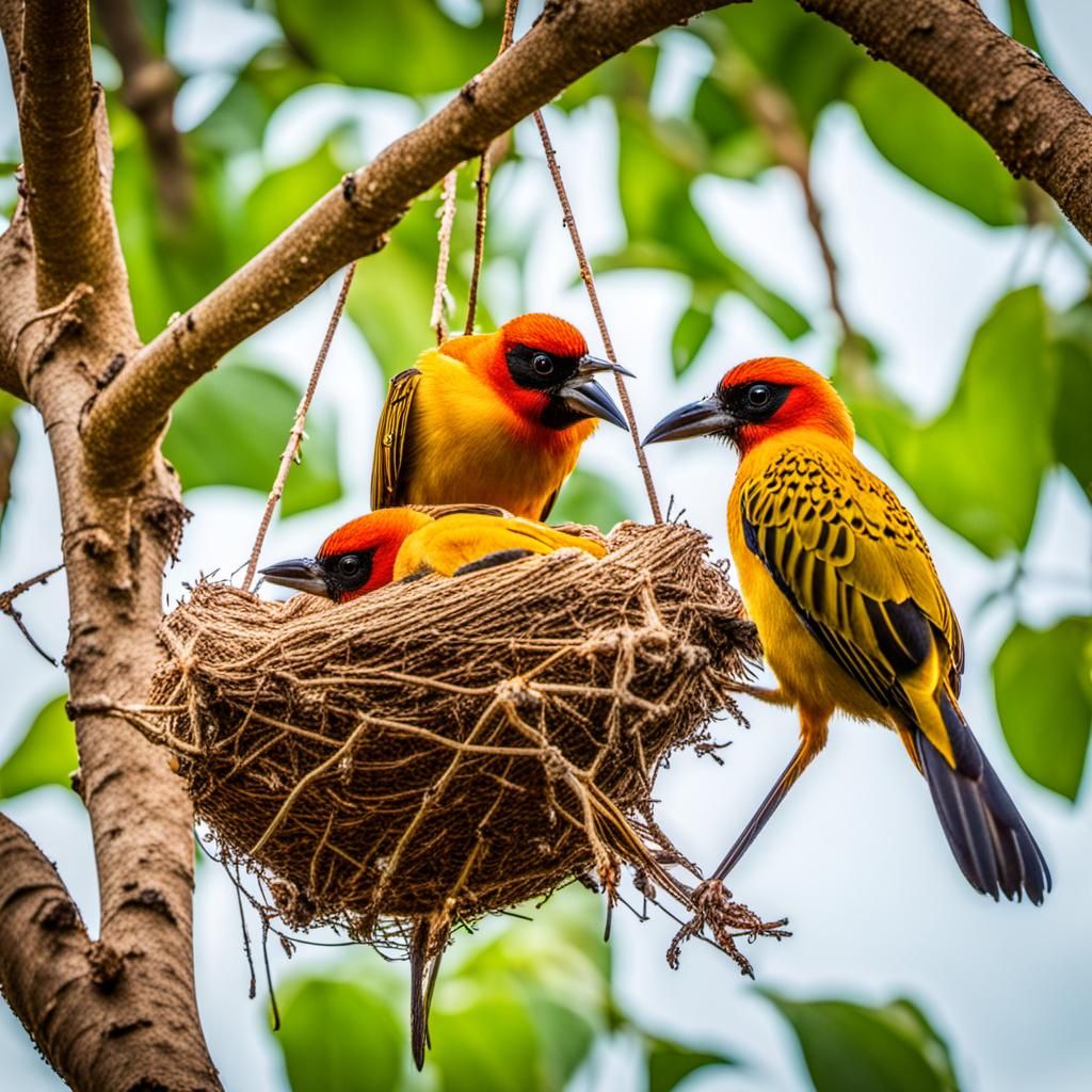 Weaver Birds Building Nest on Tree Limb