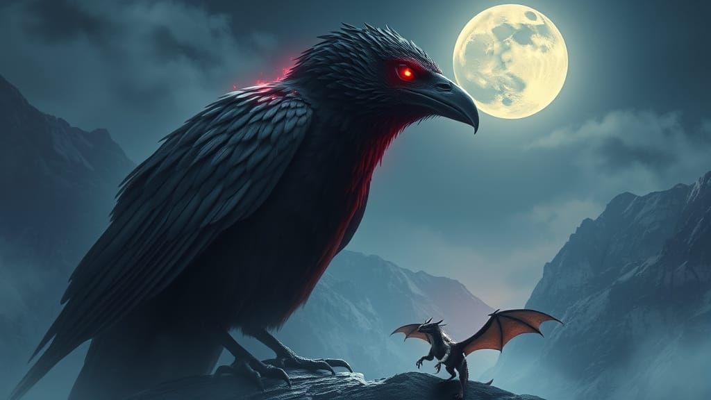 Giant Raven Dominates Dragon in Misty Landscape