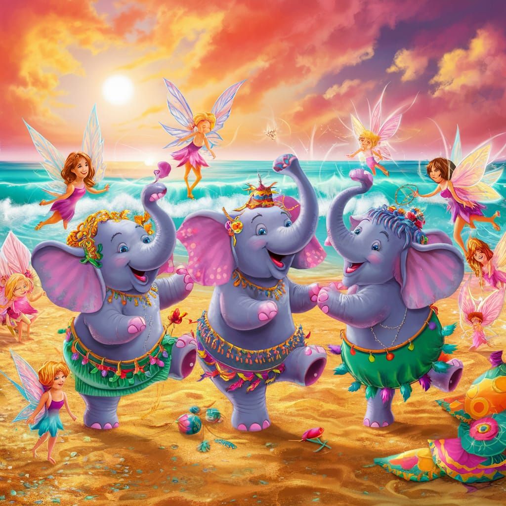 Joyful Beach Party with Elephants and Fairies