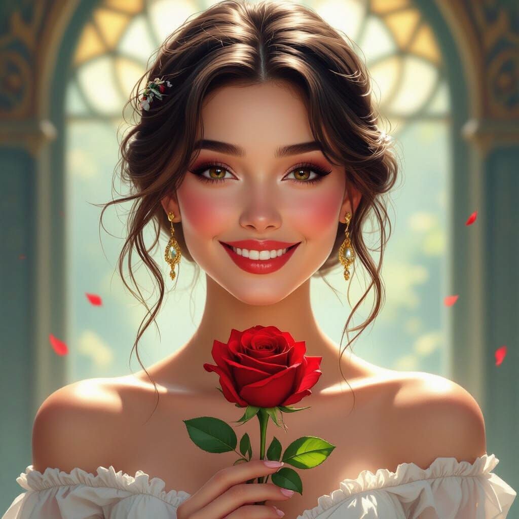 Radiant Woman Holding Red Rose, Concept Art