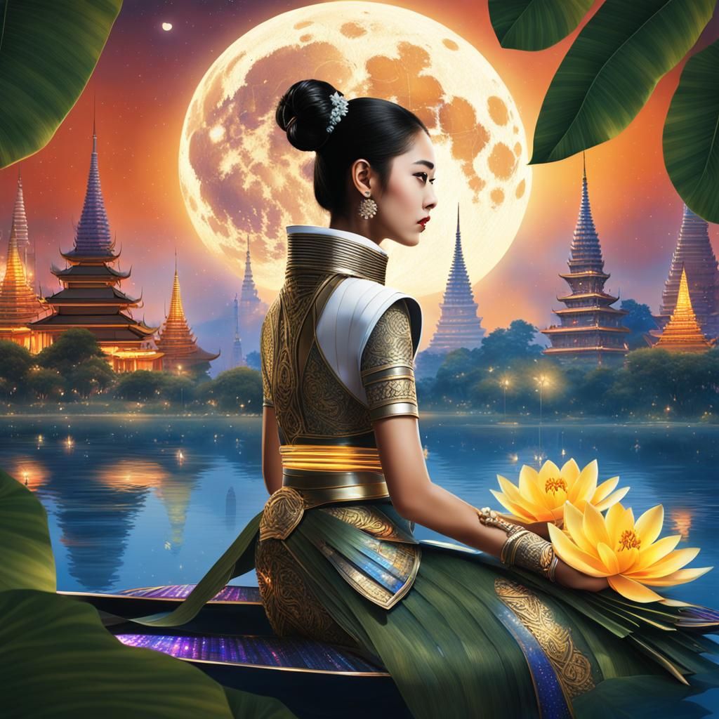 Thai Woman in Futuristic Setting with Krathong