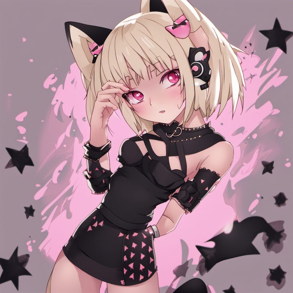 Pastel Goth Neko with Piercings and Fishnets