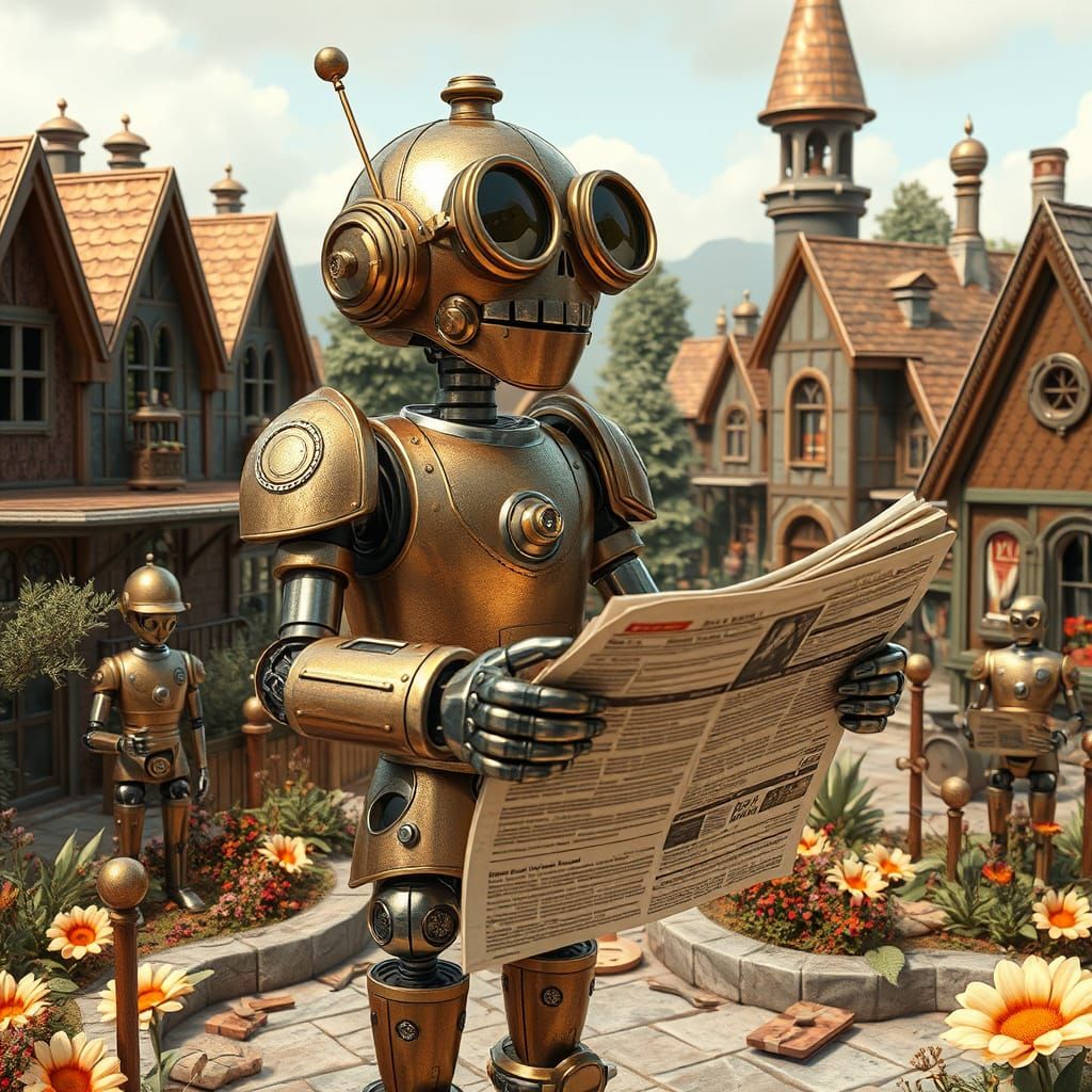 Steampunk Robot Paperboy in Metal Village
