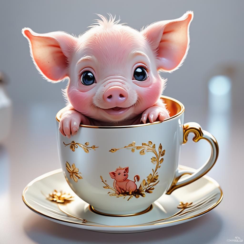 Piglet in Teacup: Detailed 3D Anime Art