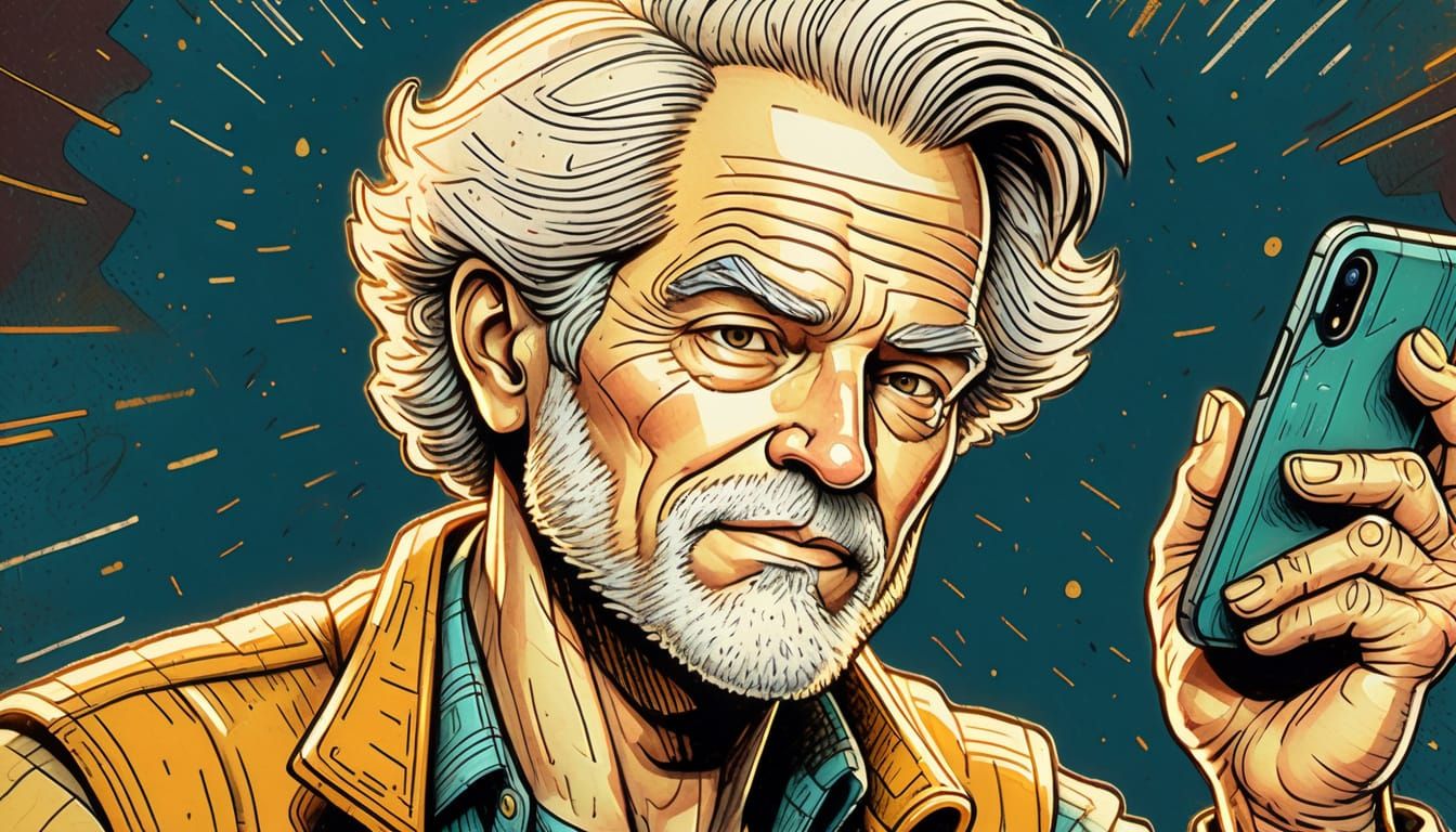 Baby Boomer with Smartphone in Comic Book Style