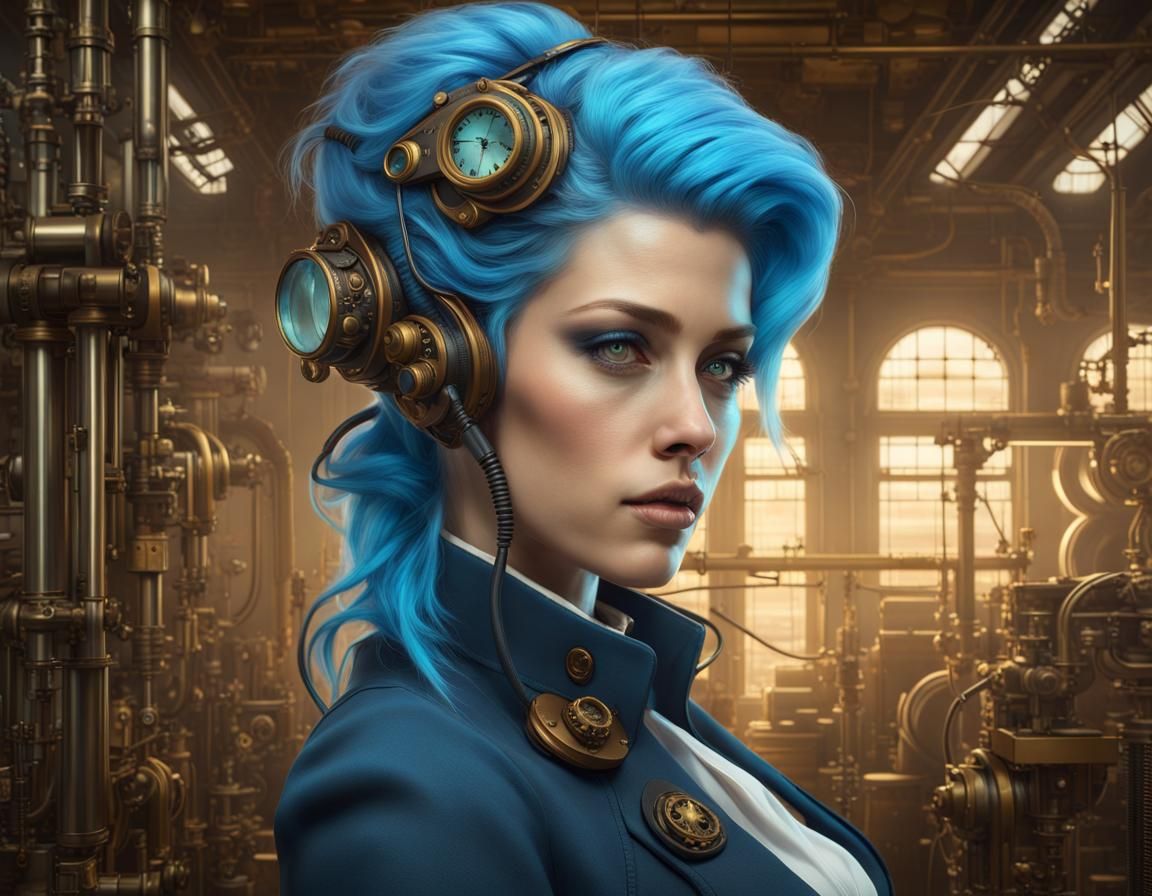 Steampunk Scientist with Blue Hair in Victorian Factory