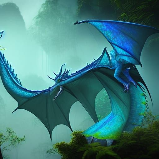 Cute Iridescent Dragon in Misty Jungle
