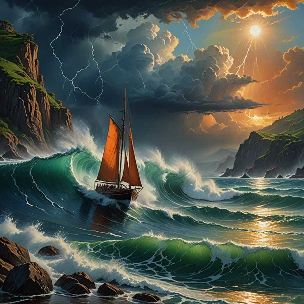 Sailboat Tossed by Turbulent Waves in Apocalyptic Storm