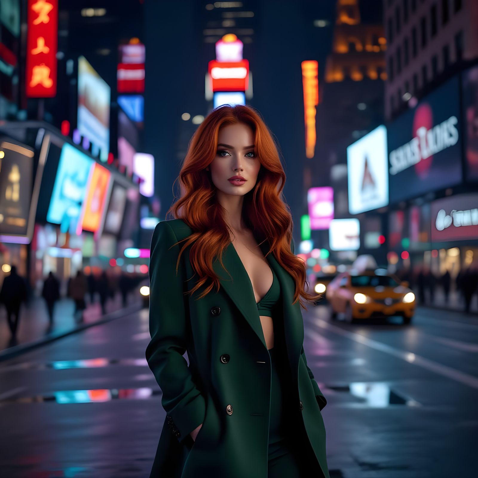 Redhead Supermodel Posing in Times Square, Digital Illustrat...