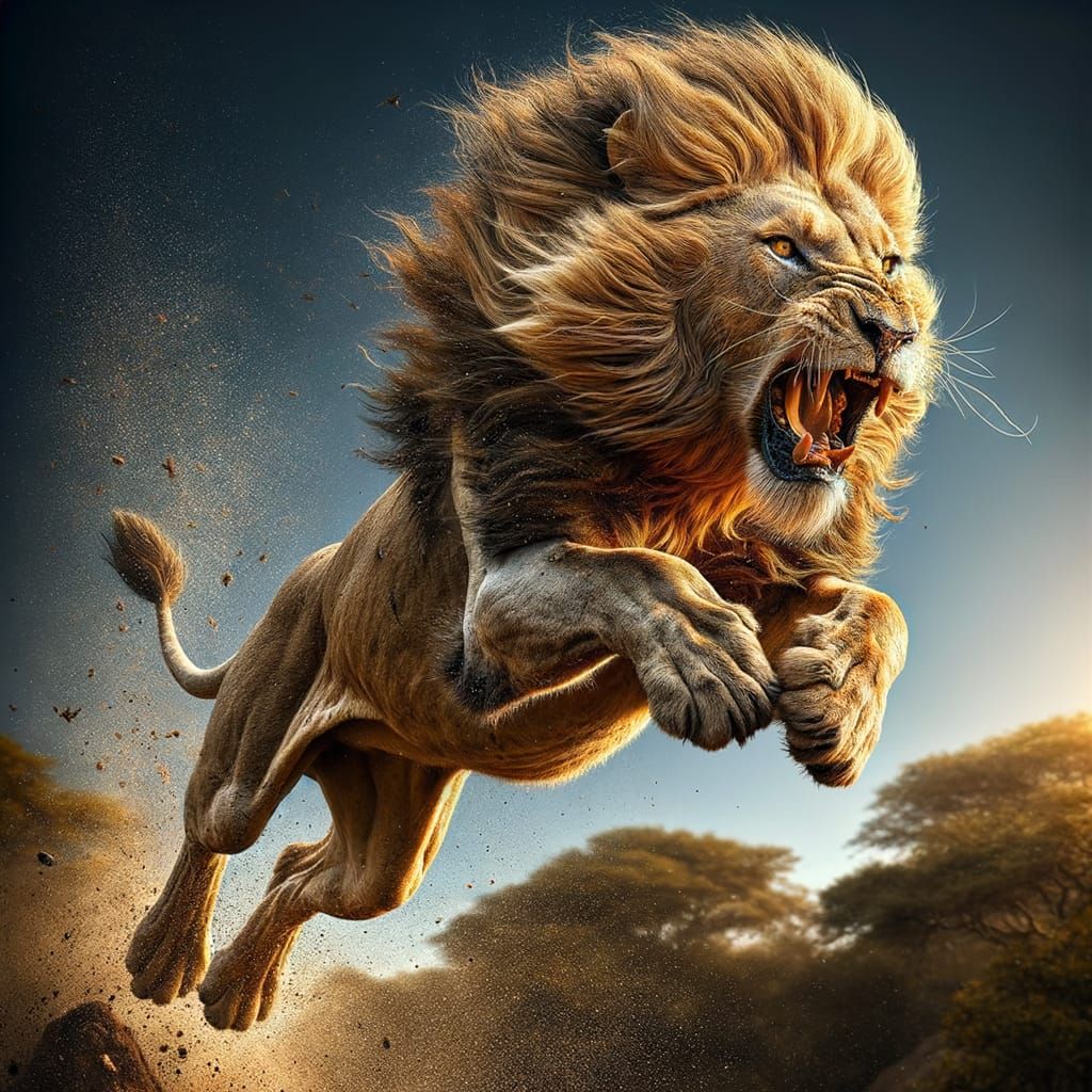Majestic Lion Leaping in Golden Sunlight