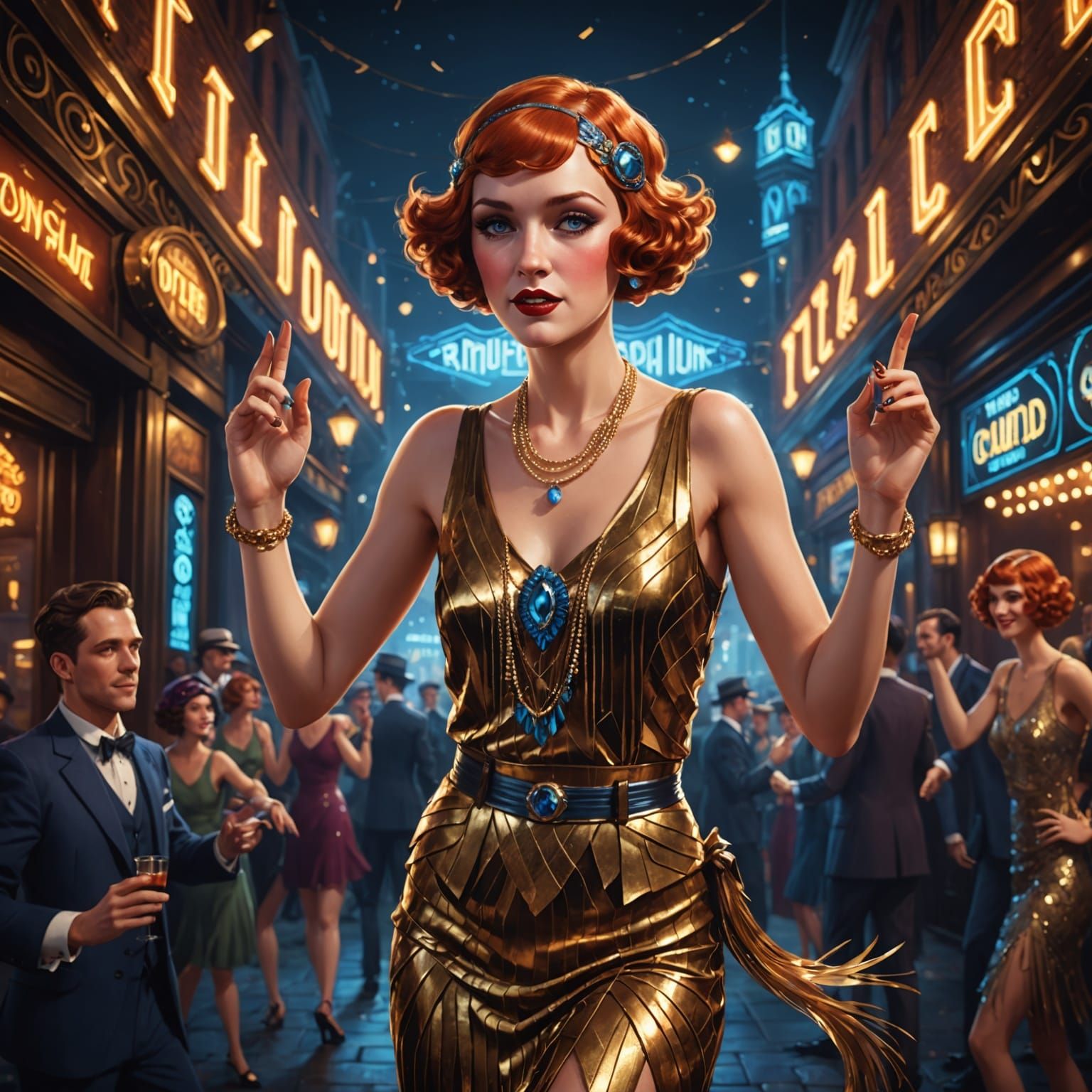 1920s Flapper Dancing Outside Club in Gold Outfit