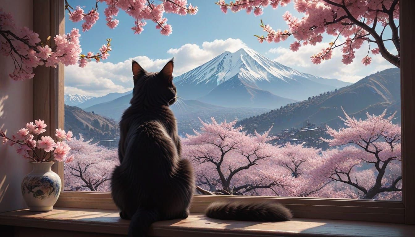 Serene Pastel Cherry Blossom Landscape with Silhouetted Blac...