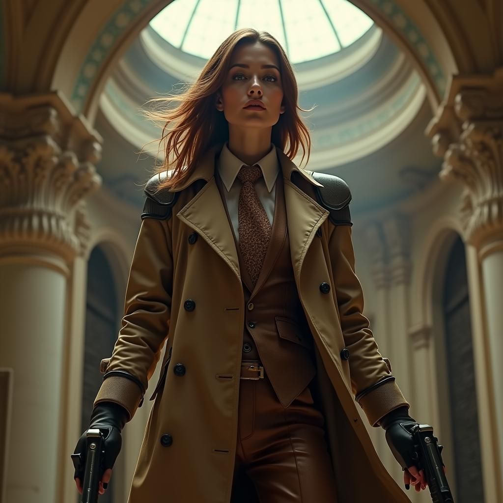 Woman in Bladerunner Trench Coat with Futuristic Blaster