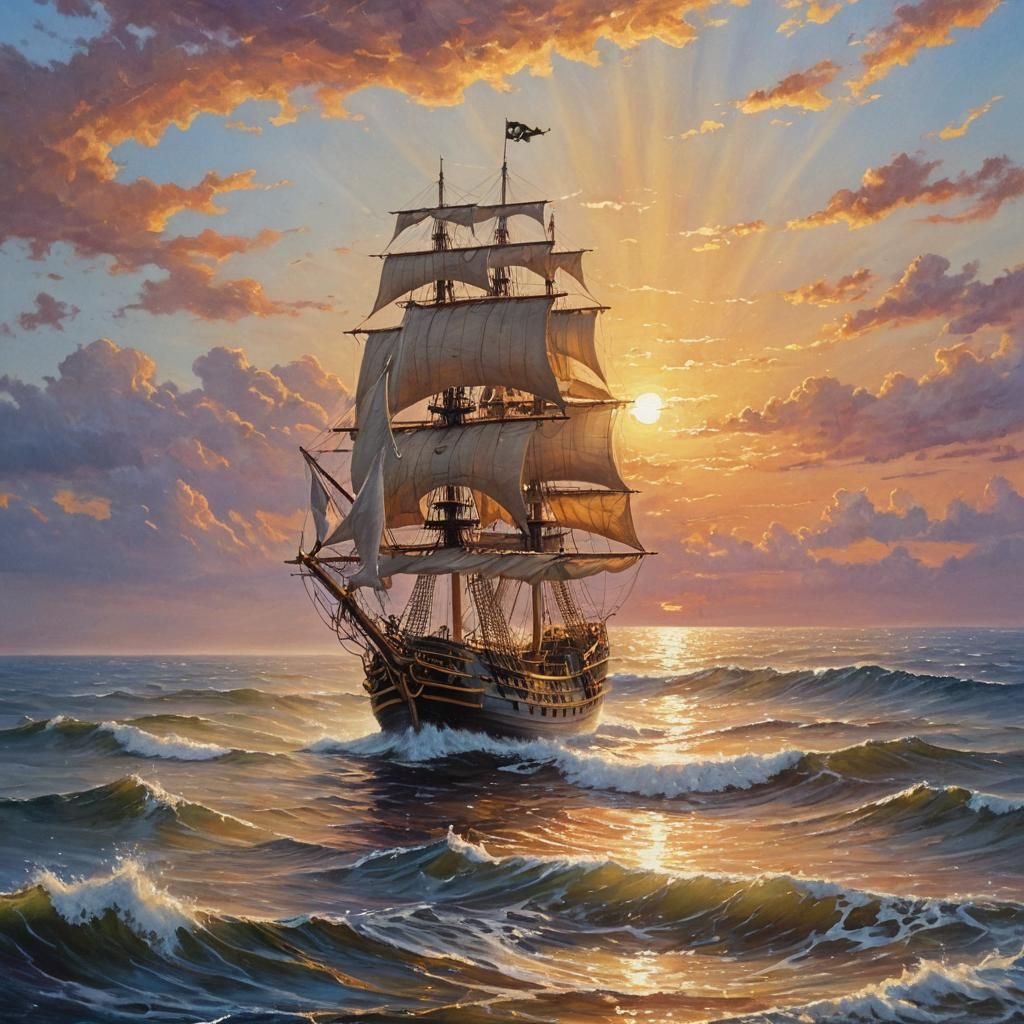 Pirate Ship at Sunset: Oil Painting in Van Gogh Style
