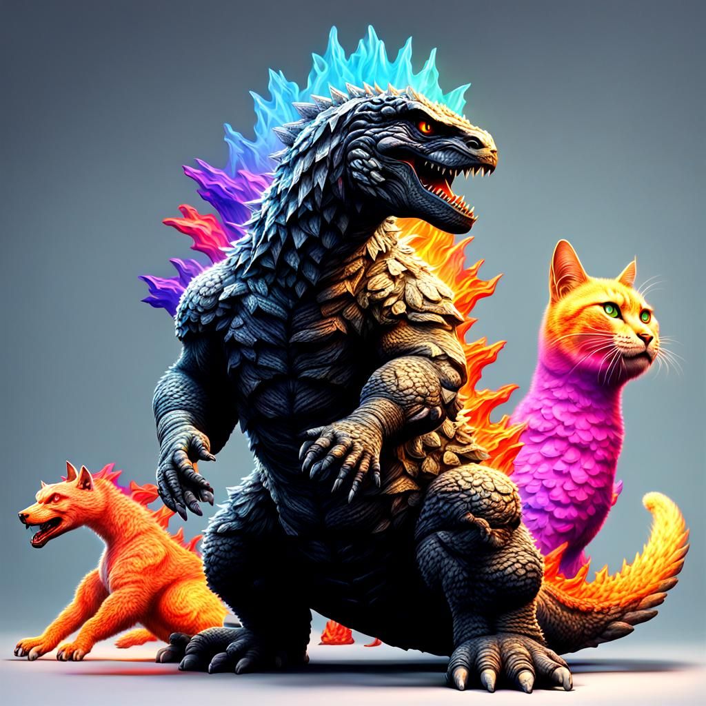 Hyperrealistic Godzilla with a Magical Cat Companion