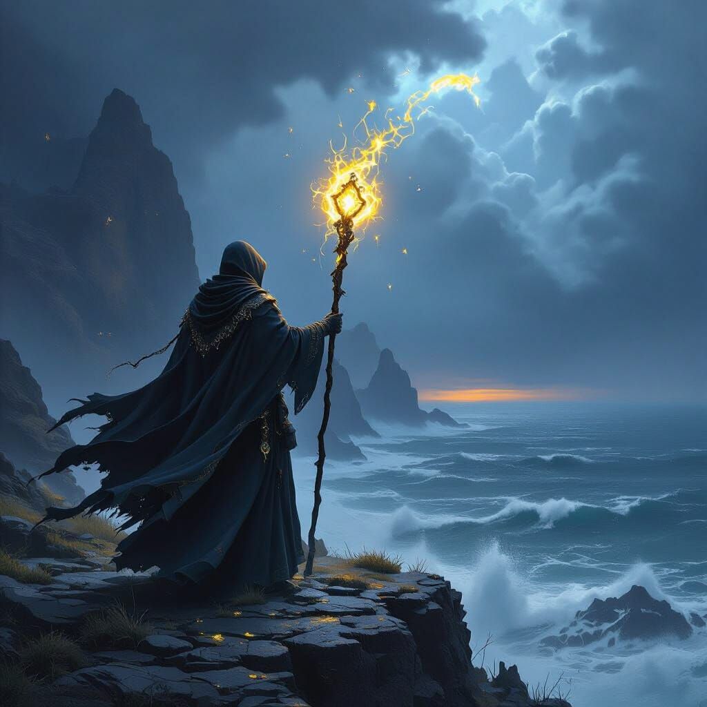 Arcanepunk Mage on Cliff Overlooking Stormy Sea
