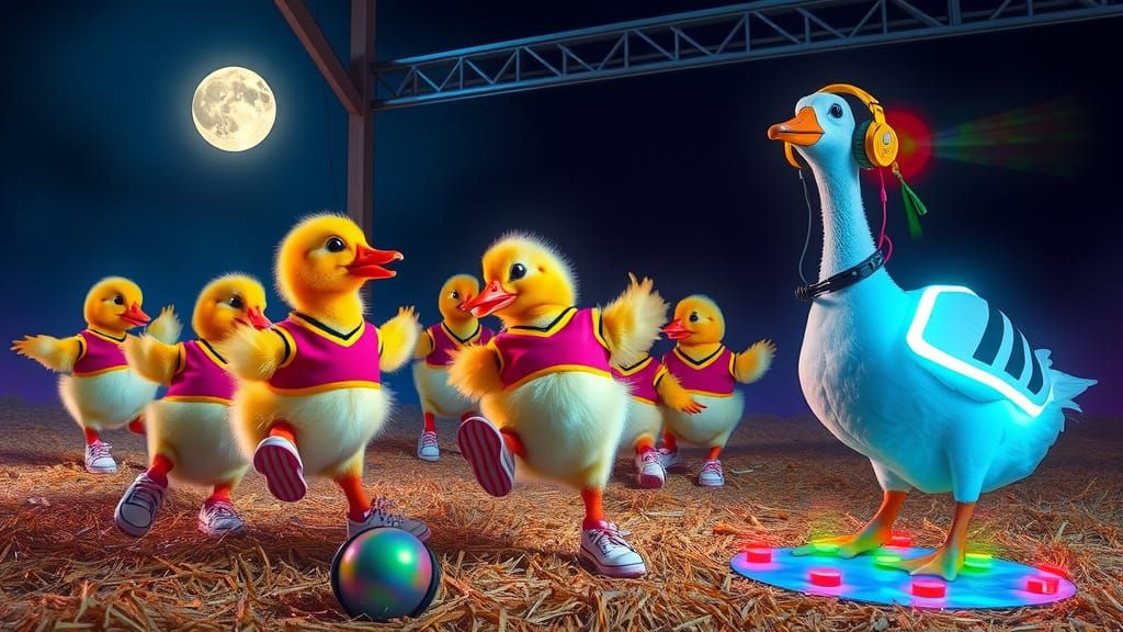 Duckling Rave in Neon Barn, Futuristic Art