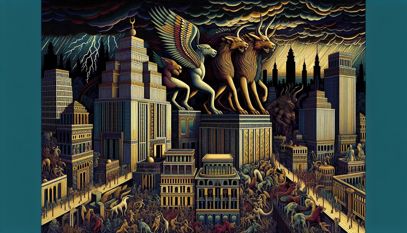 Babylonian-Inspired Cityscape in Pen and Ink Style