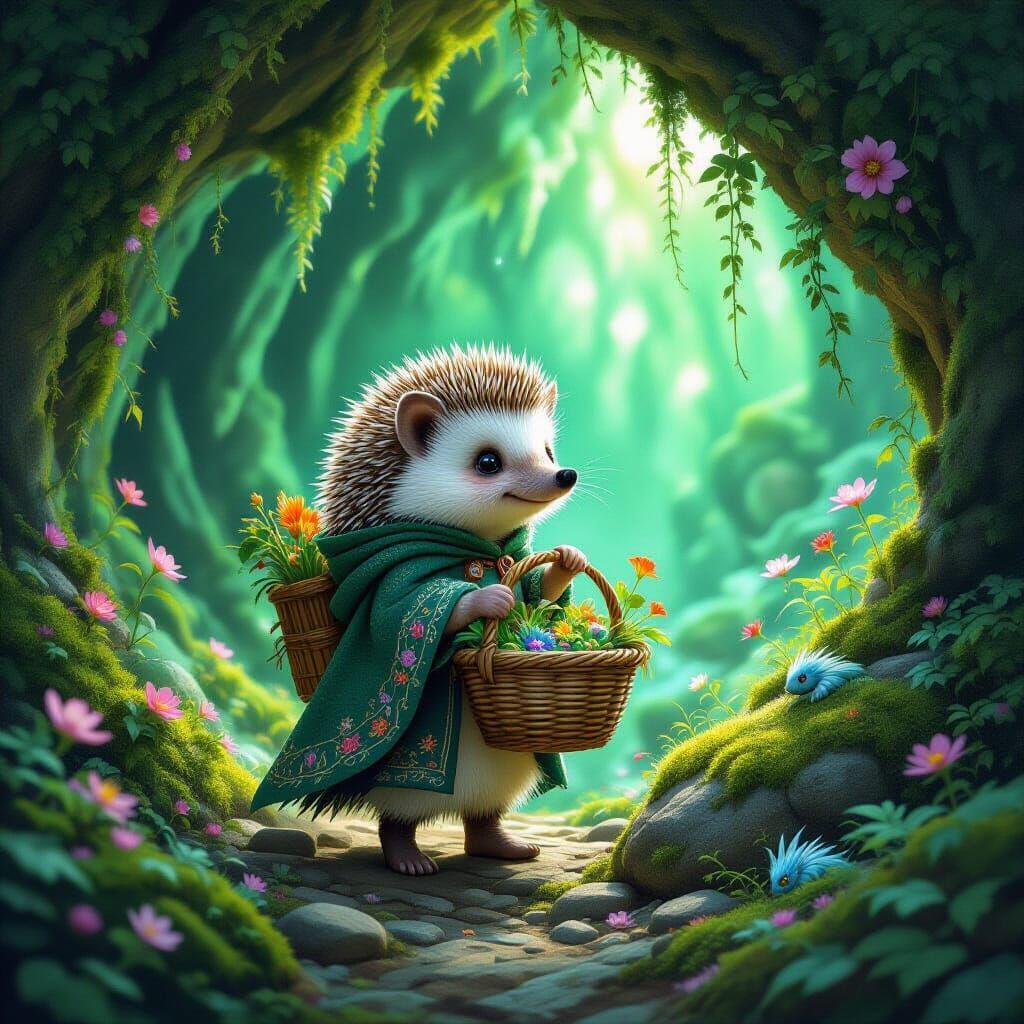 Hedgehog's Quest in Glowing Cave, Whimsical Illustration