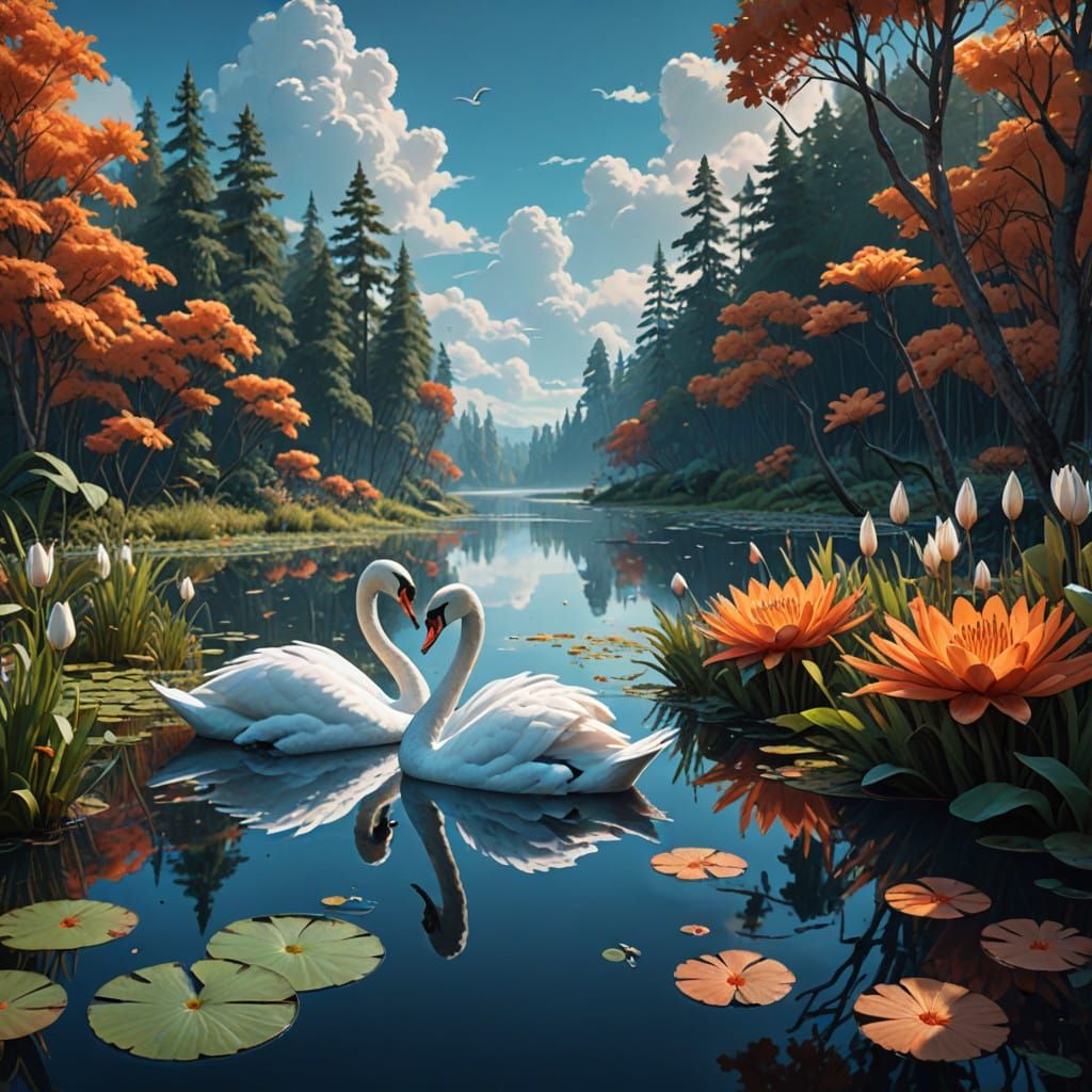 Majestic Swans in Whimsical Dreamland