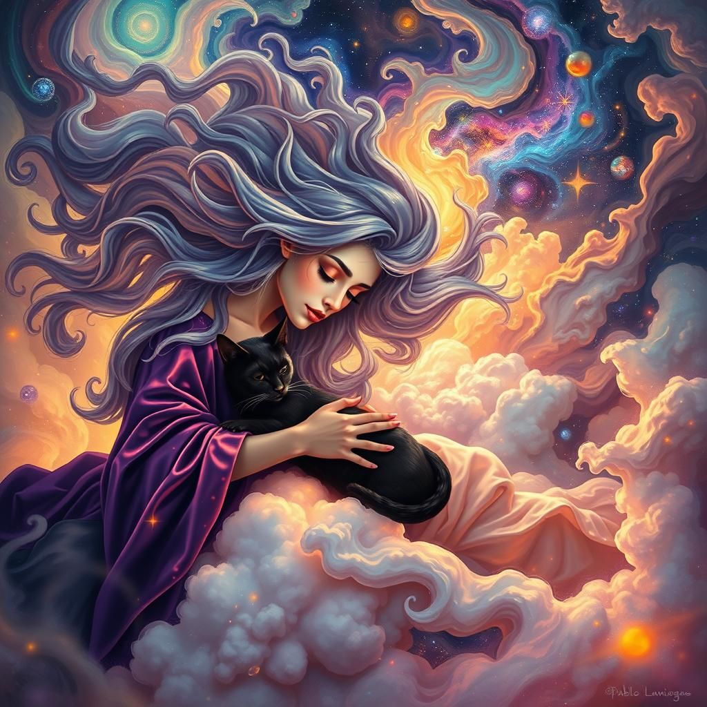 Mystical Witch Snuggling Black Cat in Astral Dreamscape